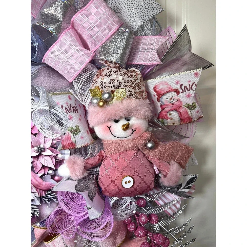 Handmade Pink Winter Snowman Holiday Ribbon Door Wreath 22 ins W80